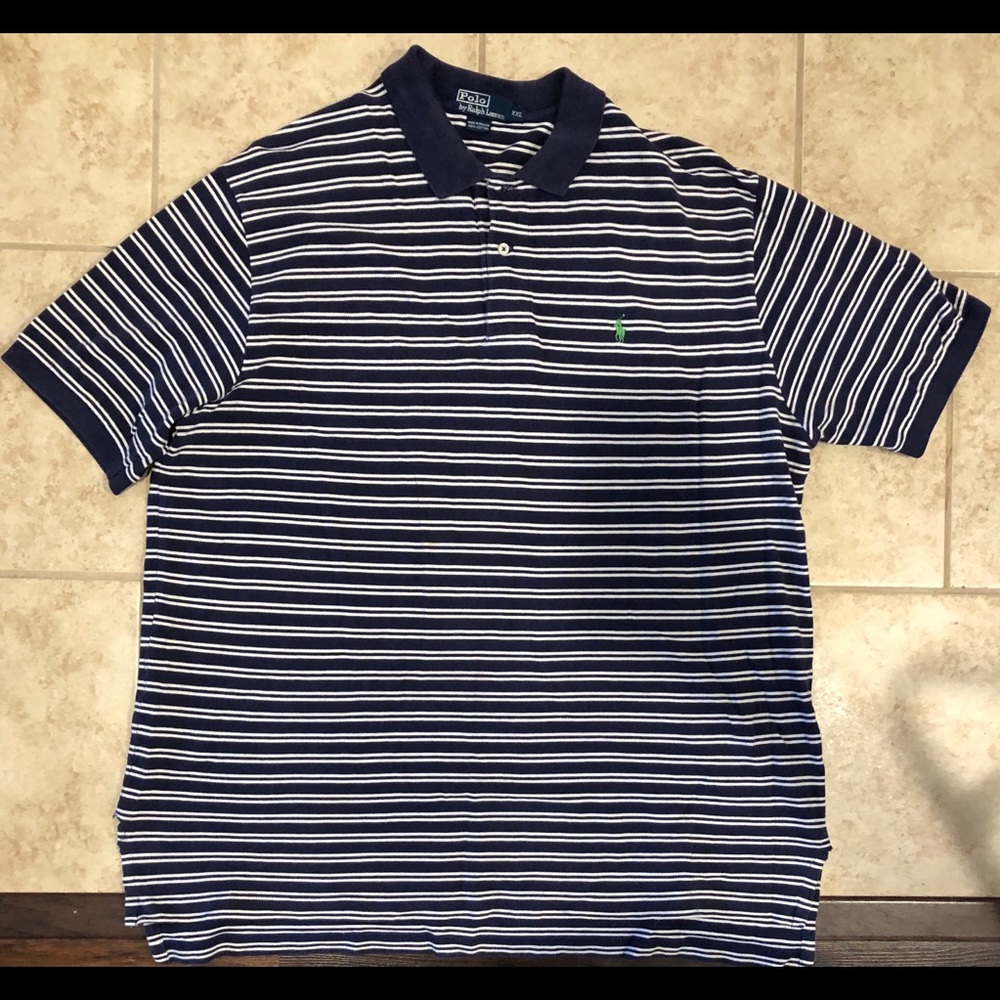 Men Polo-navy blue/white stripes w/green horse-XXL